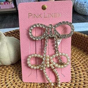 Pink Linen Crystal Rhinestone & Pearl Bow Hair Clips